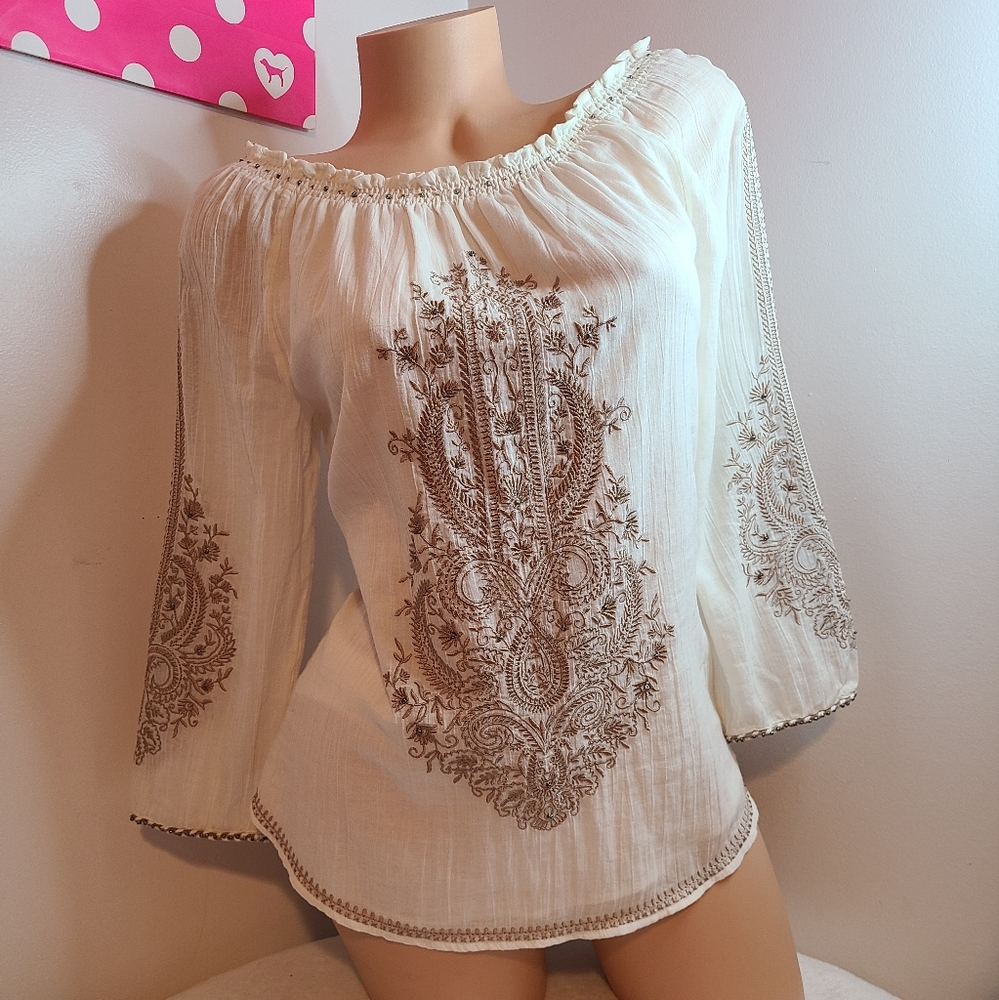 Moon & Meadow Ivory Embroidered Cotton Peasant Blouse Size XS